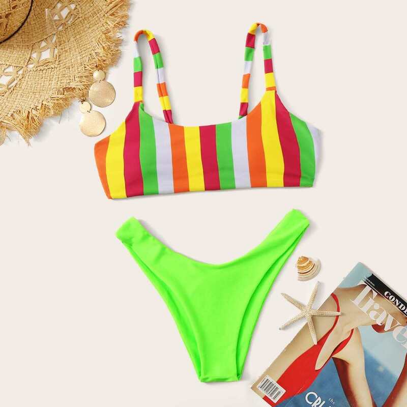 

Scoop Neck Top With Neon Green High Cut Bikini, Multicolor bright