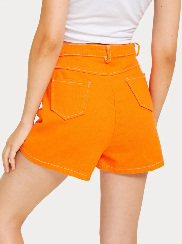 neon orange denim shorts