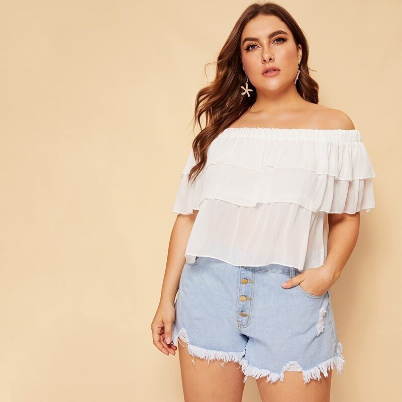 

Plus Off Shoulder Tiered Layer Blouse, White
