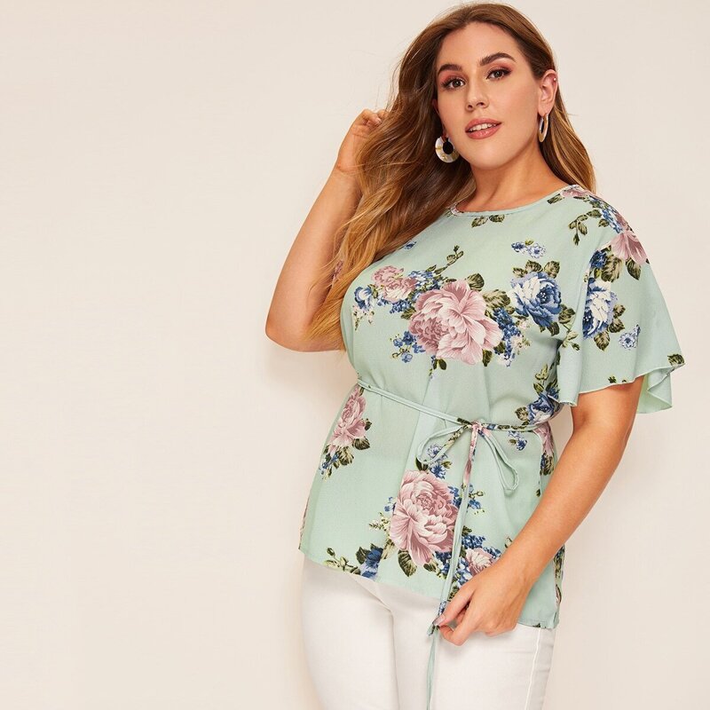 

Plus Floral Print Self Tie Blouse, Multicolor