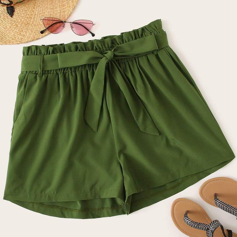 

Plus Self Tie Paperbag Shorts, Army green