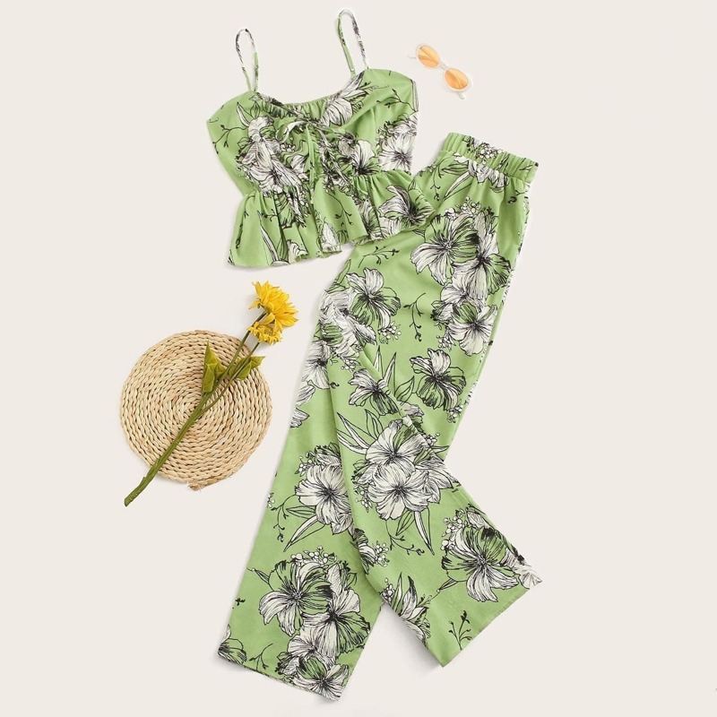 

Plus Floral Print Knot Cami Top With Pants, Multicolor