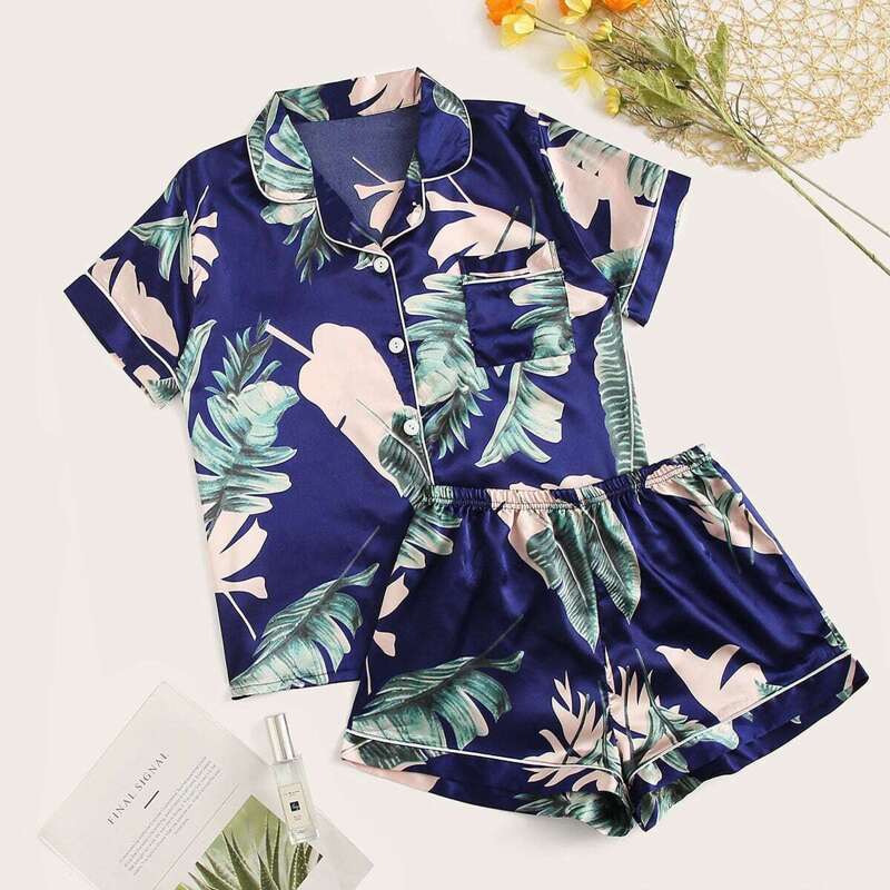 

Tropical Print Satin Pajama Set, Multicolor