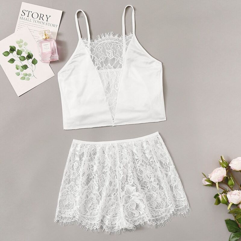 

Floral Lace Satin Lingerie Set, White