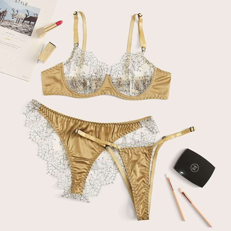 

Floral Lace Underwire Lingerie Set 3pack, Gold