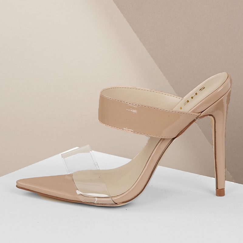 

Open Pointy Toe Stiletto Mule Heels, Beige