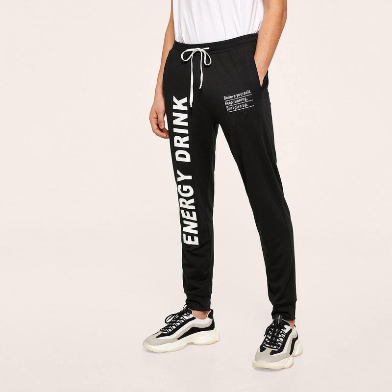 

Guys Slogan Print Sweatpants, Black