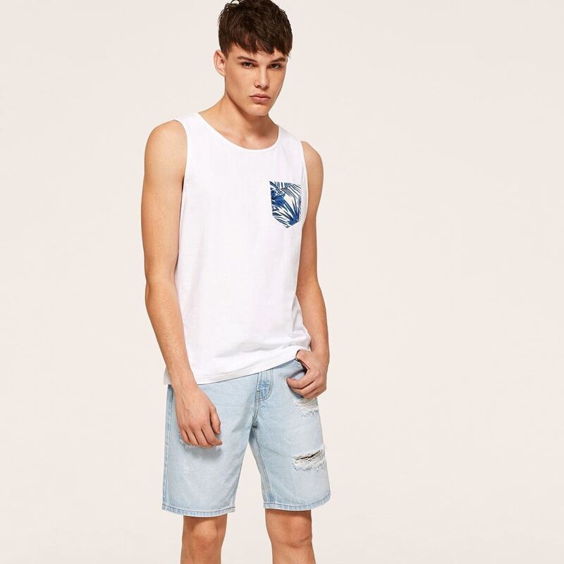 

Guys Jungle Leaf Pocket Tank Top, White