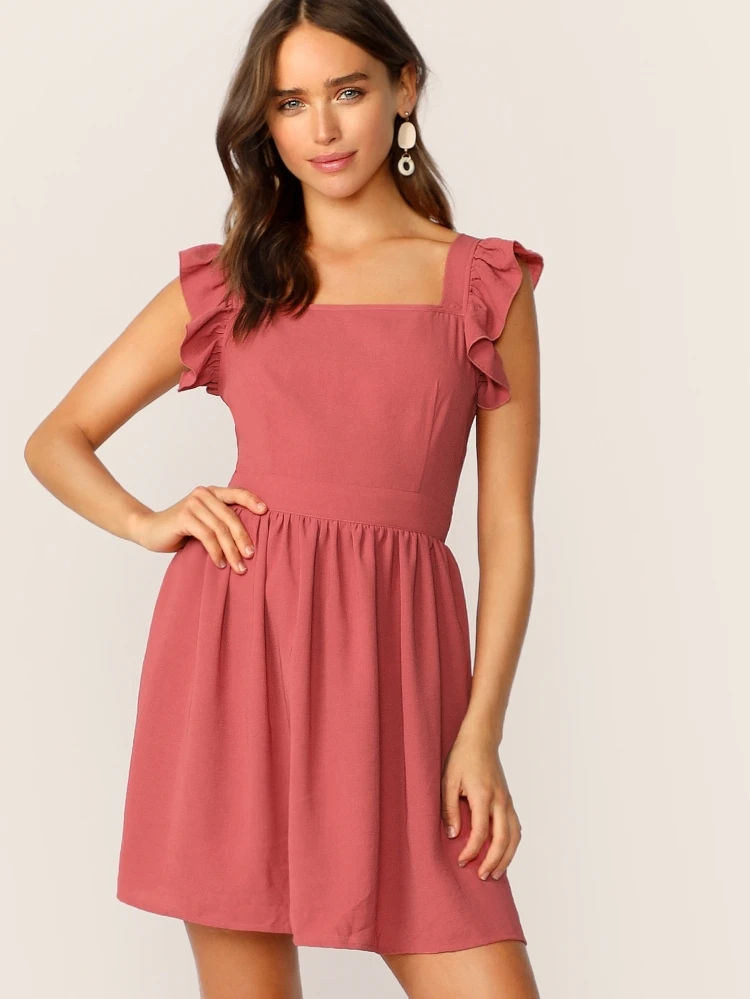 Tie Back Ruffle Strap Fit \u0026 Flare Dress 