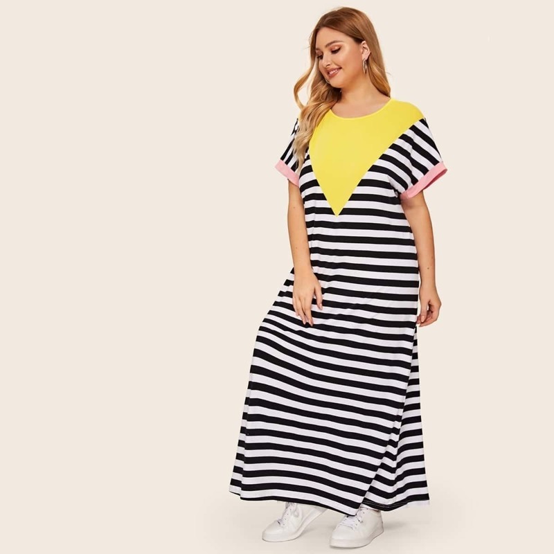 

Plus Color-block Striped Maxi Tunic Dress, Multicolor