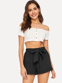 SHEIN Self-Tie Belted Cuffed Shorts - Black - View 3