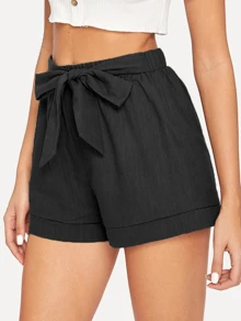 SHEIN Self-Tie Belted Cuffed Shorts - Black - View 4