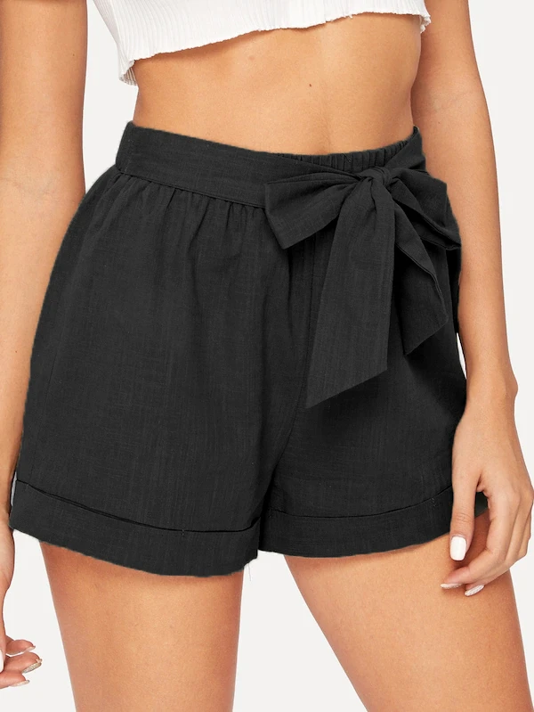 SHEIN Self-Tie Belted Cuffed Shorts - Black - View 1