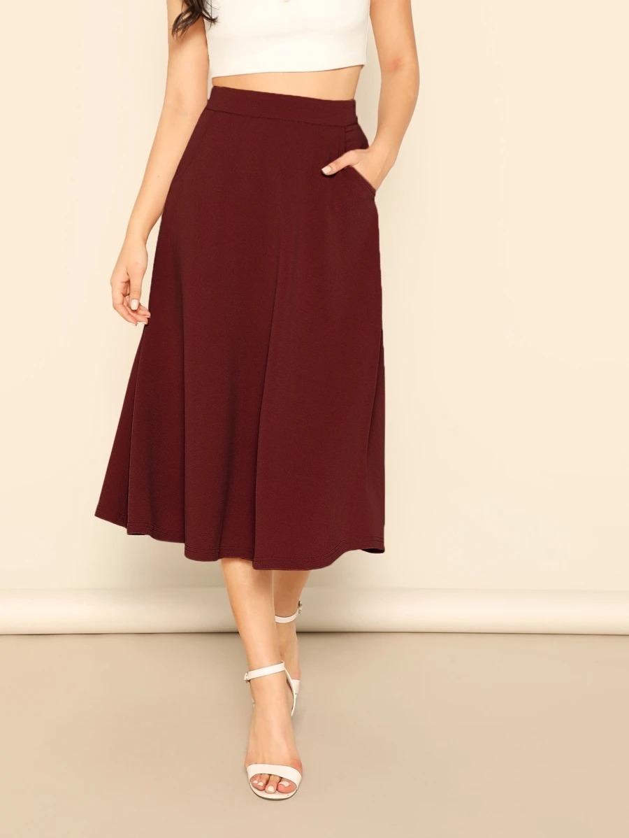 Mulvari Pocket Detail A-line Skirt - Burgundy - View 1