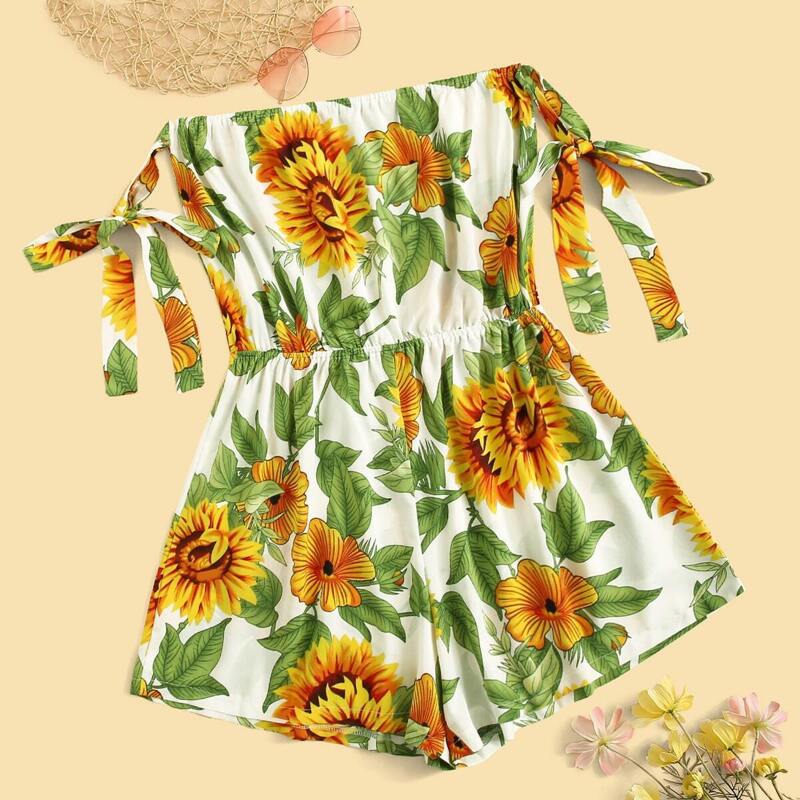 

Plus Sunflower Print Knot Romper, Multicolor