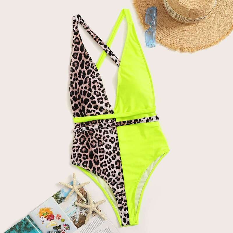 

Neon Lime Leopard Backless One Piece Swimwear, Multicolor bright