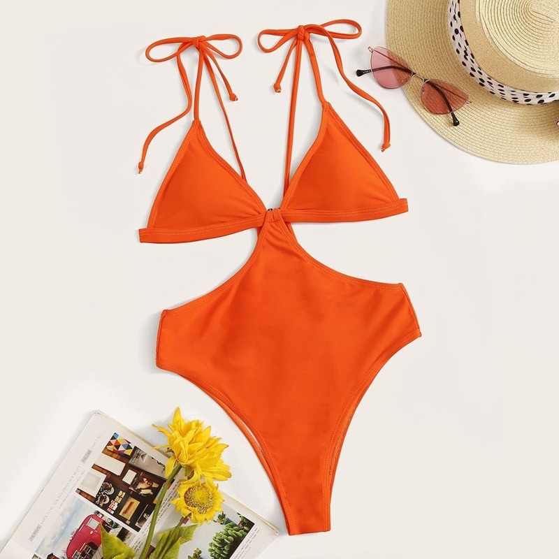 

Cutout Waist Self Tie Shoulder Monokini, Orange