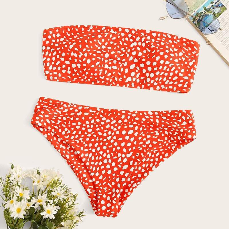 

Dot Print Bandeau With Panty Bikini Set, Orange bright