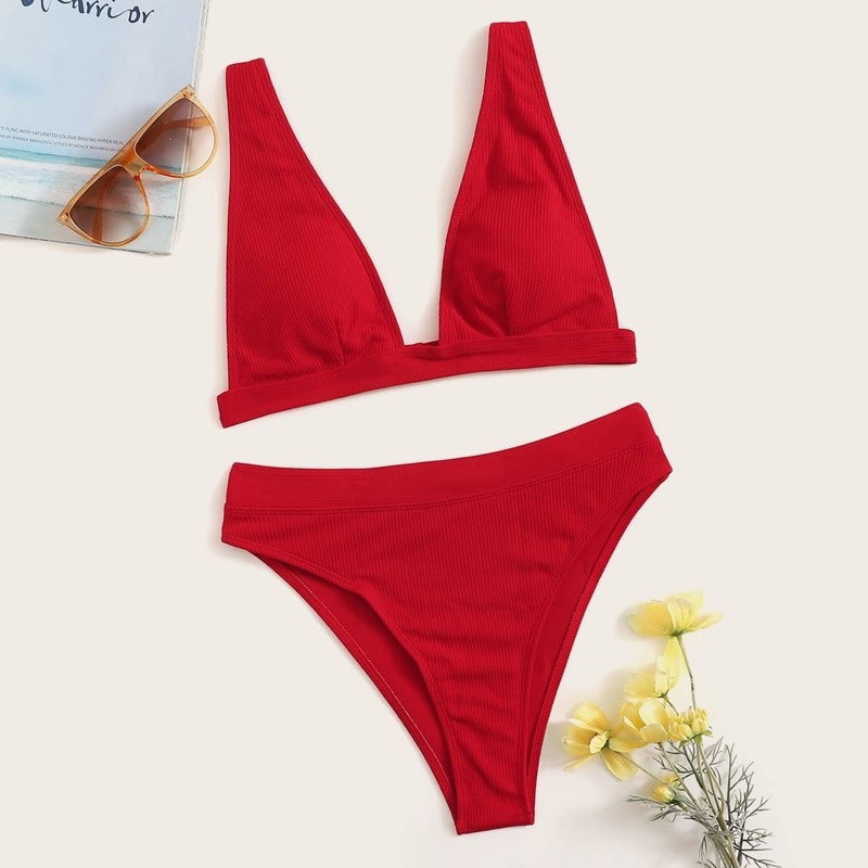 

Ribbed V-plunge Top With High Waist Bikini Set, Red