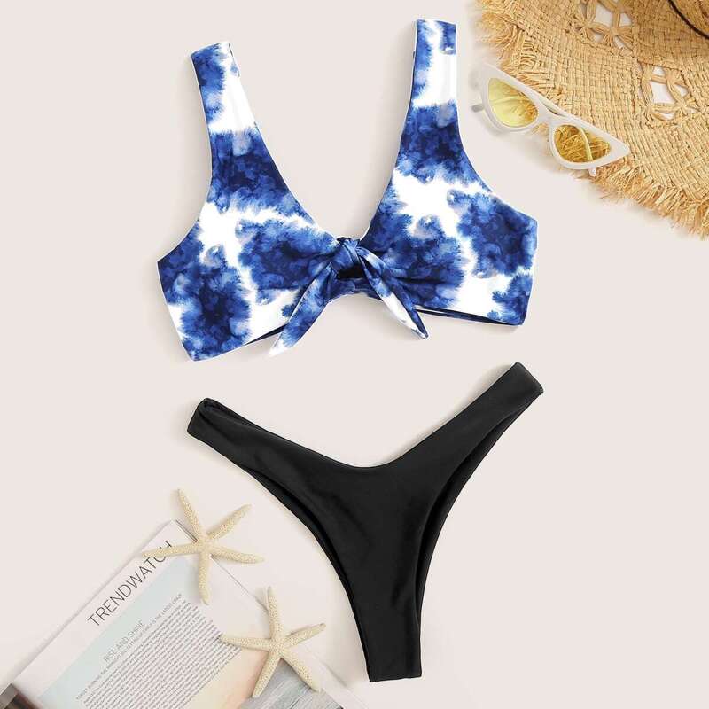 

Tie Dye Knot Front Top With High Cut Bikini Set, Multicolor