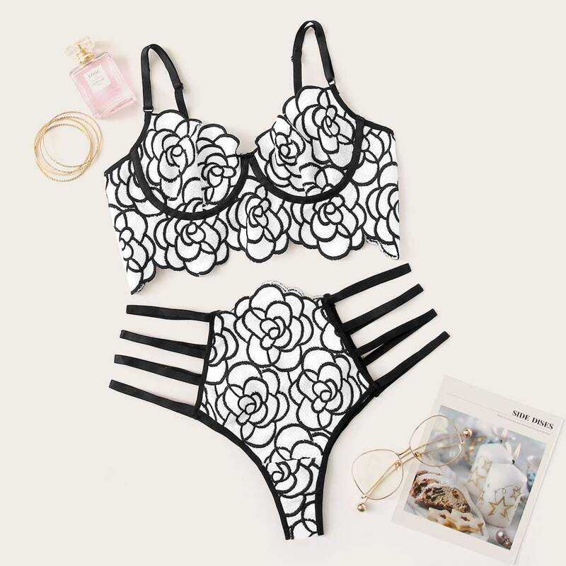 

Floral Embroidered Ladder Cutout Lingerie Set, Black and white