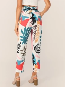 SHEIN Tropical Wide Band Waist Self Belt Pants - Multicolor - View 2