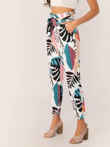SHEIN Tropical Wide Band Waist Self Belt Pants - Multicolor - View 3
