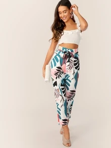 SHEIN Tropical Wide Band Waist Self Belt Pants - Multicolor - View 5