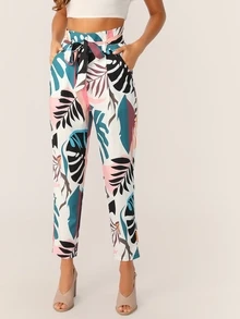 SHEIN Tropical Wide Band Waist Self Belt Pants - Multicolor - View 1