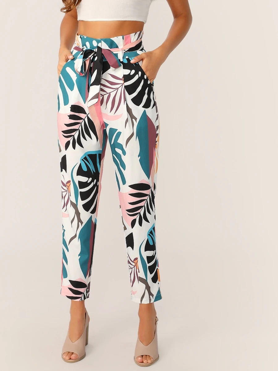 SHEIN Tropical Wide Band Waist Self Belt Pants - Multicolor - View 1