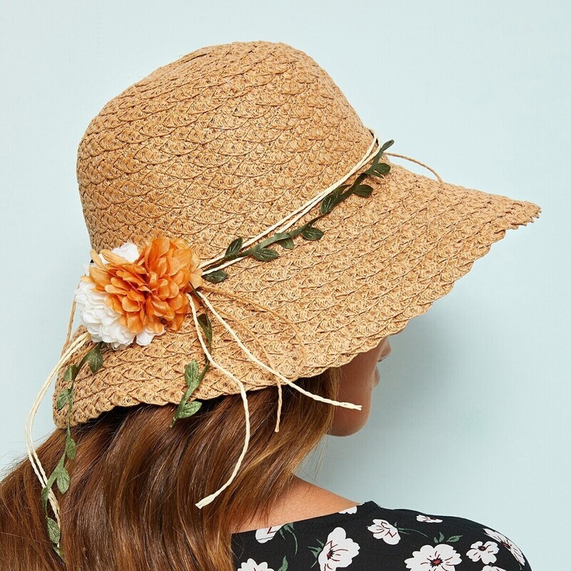 

Flower & Leaf Lace Up Cloche Hat, Khaki