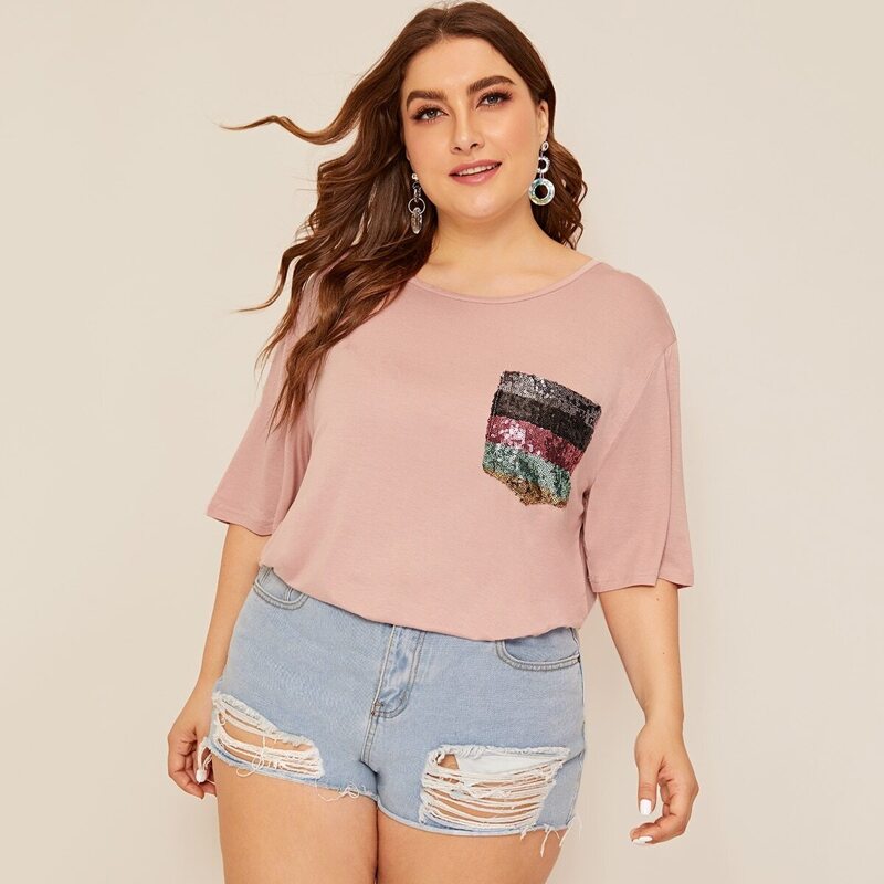 

Plus Striped Sequin Pocket Patched Tee, Pink