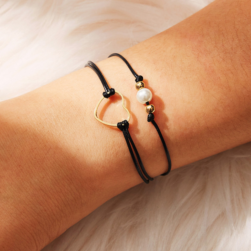 

Hollow Heart & Bead Decor Anklet 2pcs, Black