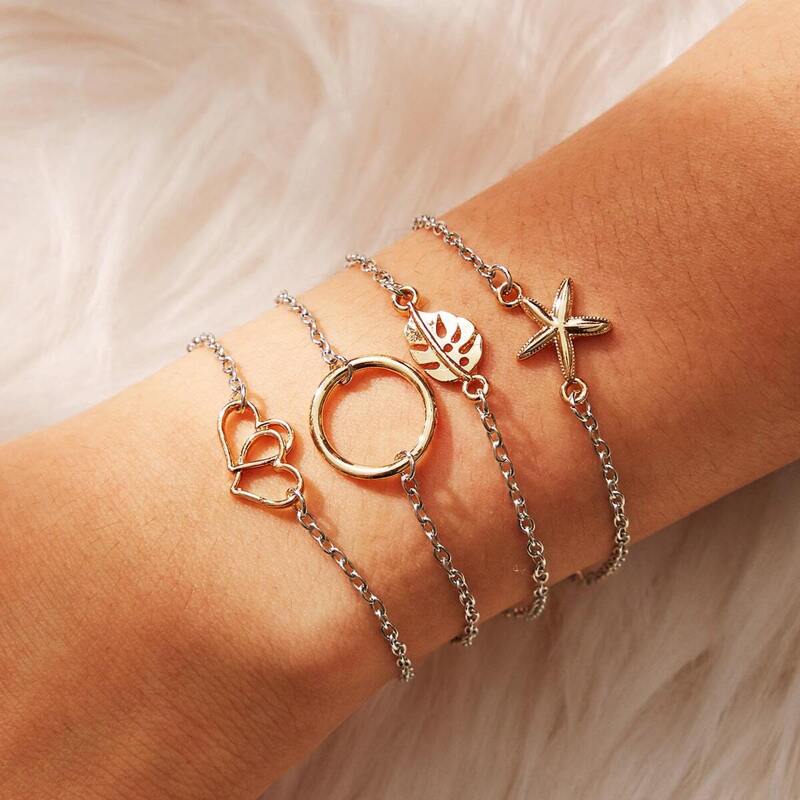 

Ring & Seastar Charm Chain Bracelet 4pcs, Silver multicolor