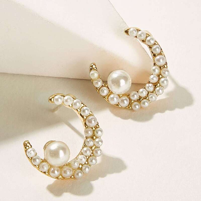 

Faux Pearl Decor Moon Shaped Stud Earrings 1pair, Gold