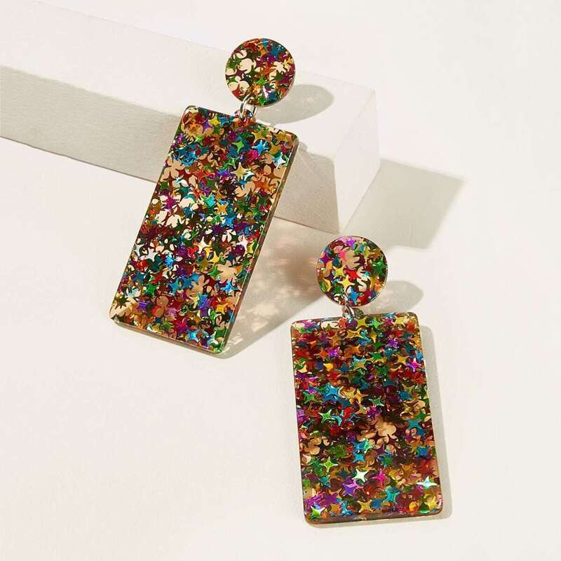

Color-block Rectangle Drop Earrings 1pair, Silver multicolor