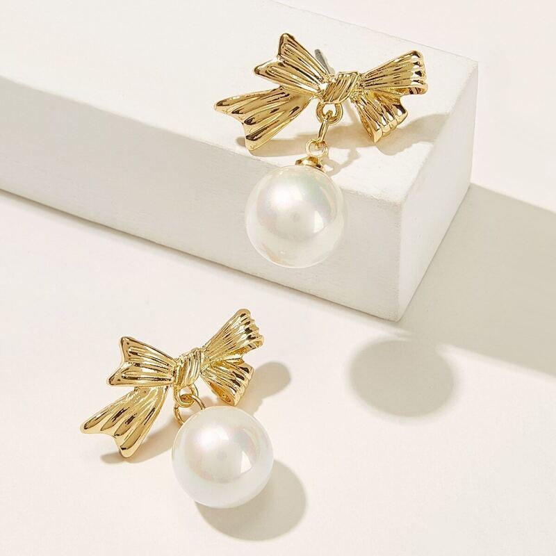 

Faux Pearl Charm Bow Drop Earrings 1pair, Multicolor
