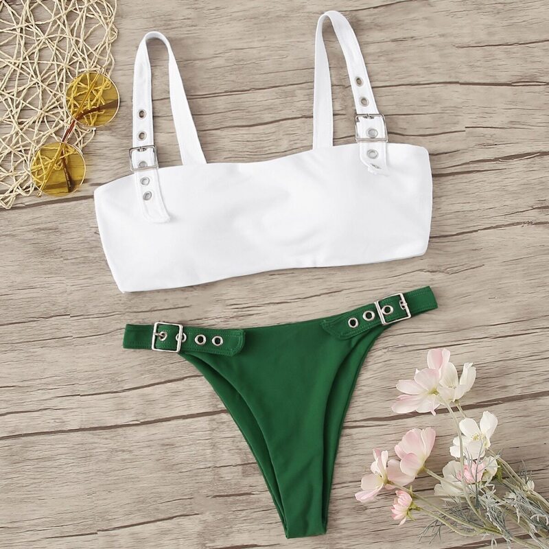 

Eyelet Buckle Top With High Leg Bikini Set, Multicolor