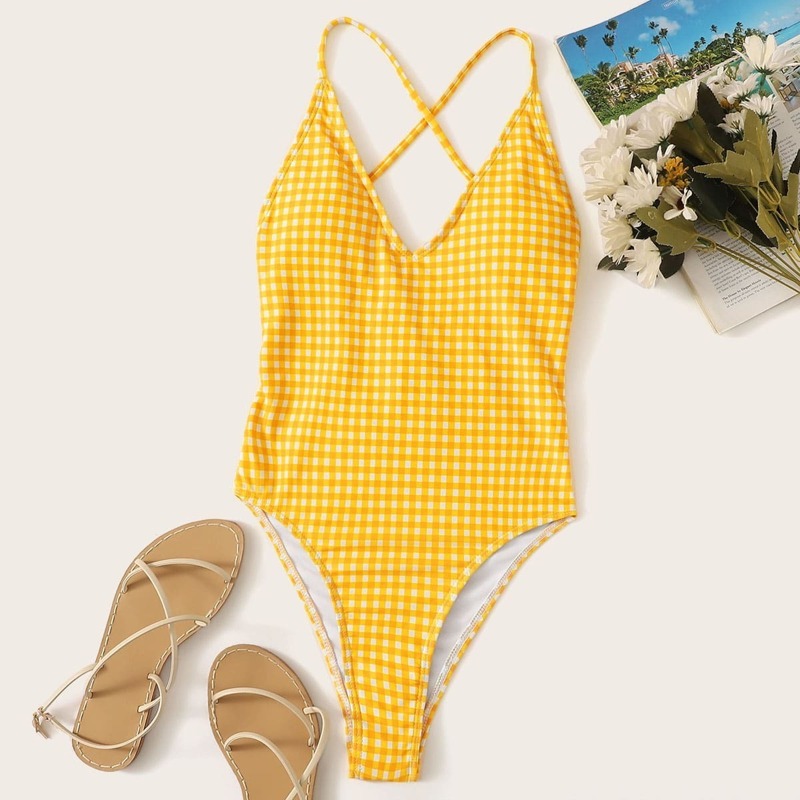 

Gingham Criss-cross Tie Back One Piece Swimsuit, Yellow bright