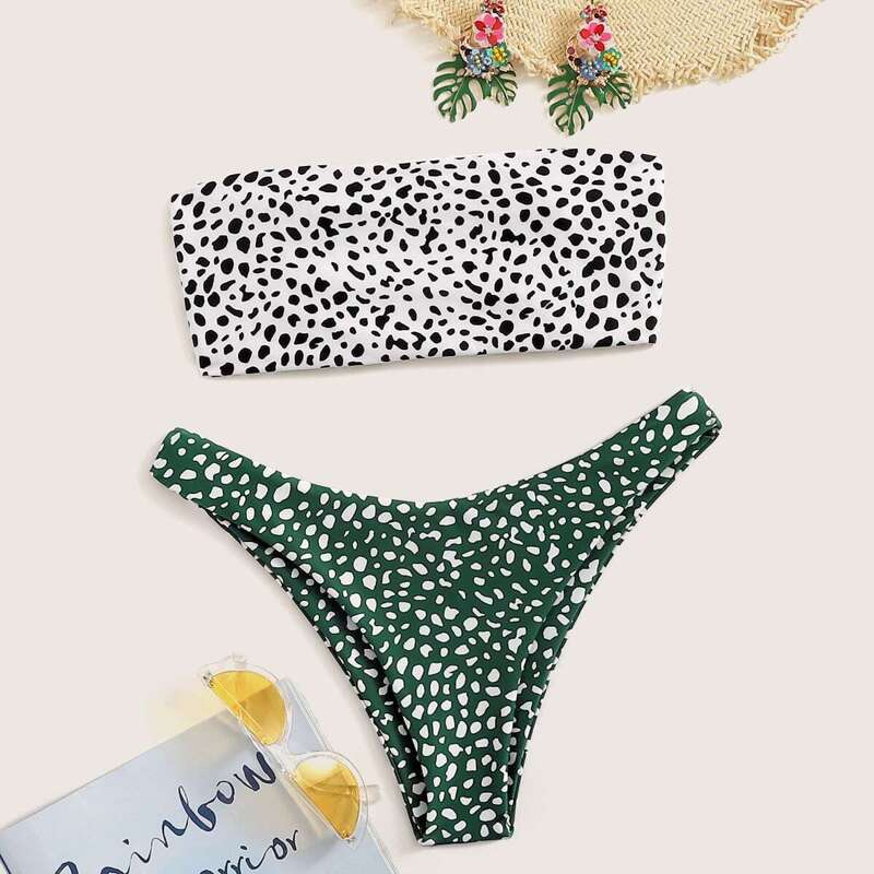

Dot Print Lace-up Back Bandeau Bikini Set, Multicolor
