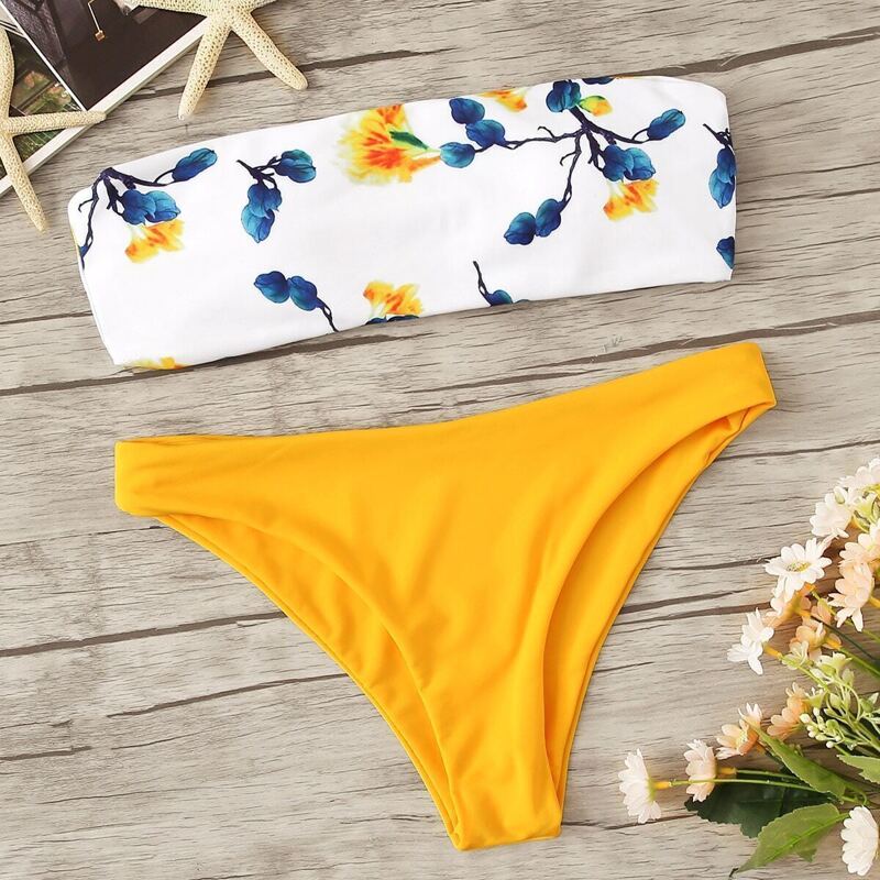 

Floral Print Mix & Match Bandeau Bikini Set, Multicolor