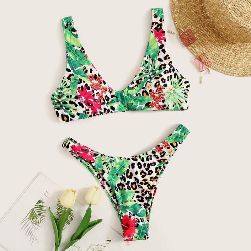 

Leopard & Tropical Print High Cut Bikini Set, Multicolor