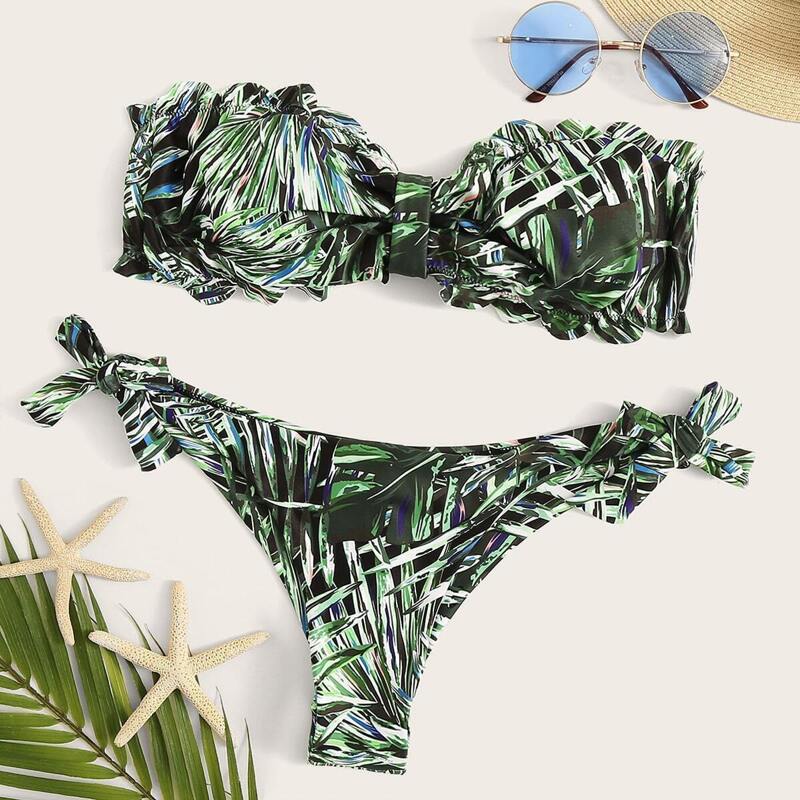 

Random Leaf Print Bandeau Top With Tie Side Bikini, Multicolor