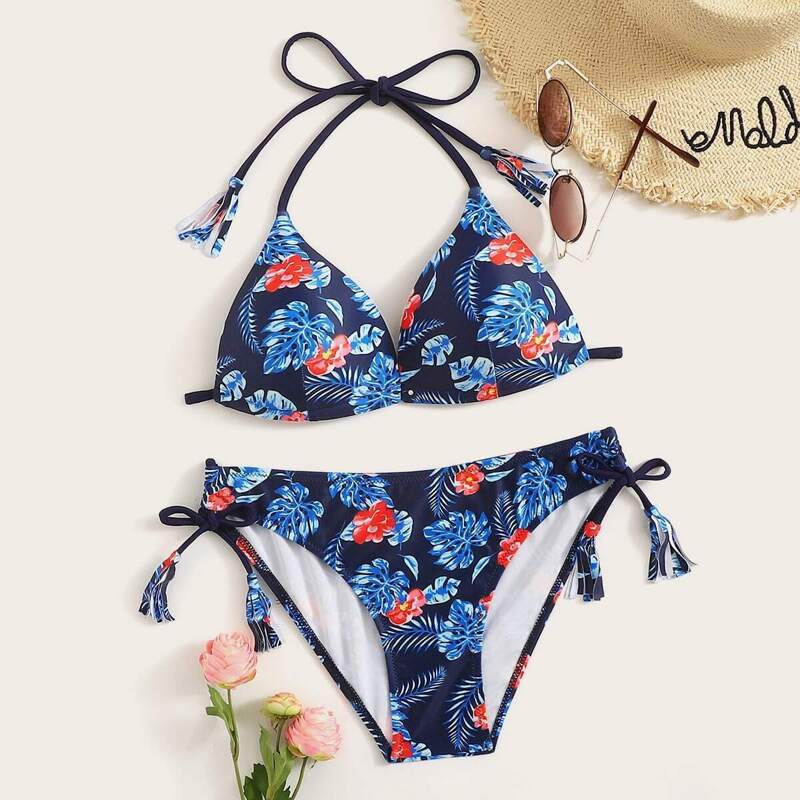 

Random Tropical Print Halter Top With Tie Side Bikini, Multicolor