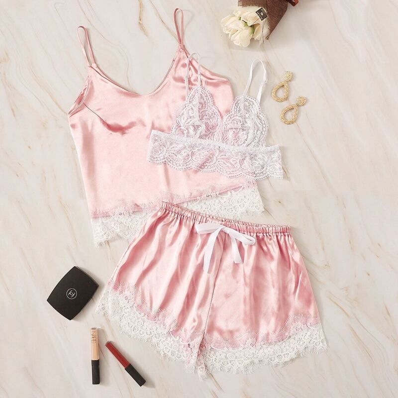

Eyelash Lace Satin Lingerie Set 3pack, Pink