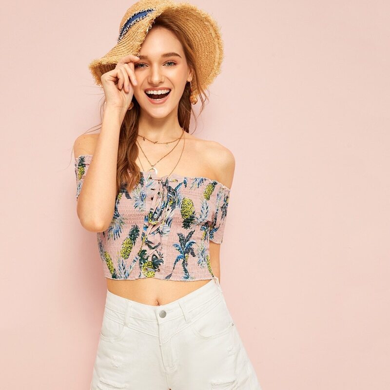 

Shirred Lace-up Pineapple Print Blouse, Multicolor