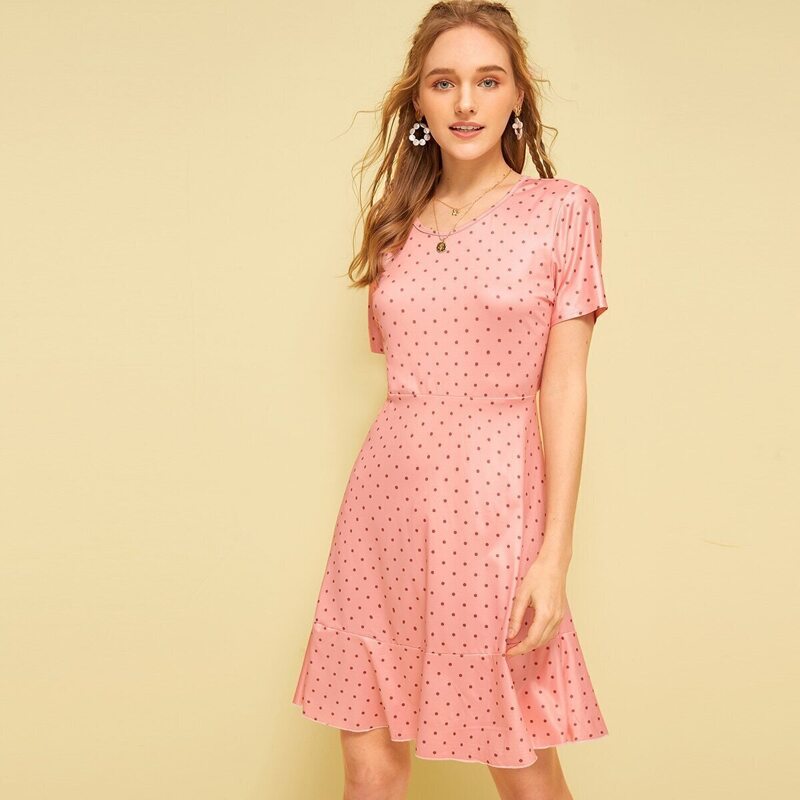 

Polka Dot Print Backless Ruffle Hem Dress, Pink