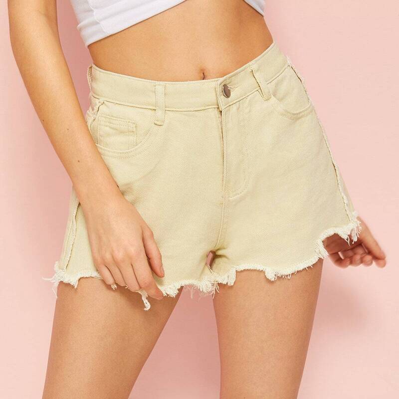 

Raw Hem Button And Pocket Detail Denim Shorts, Beige