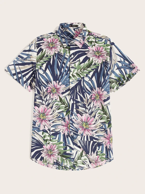 Camisa hawaiana de hombres con botón con estampado tropical Camisa hawaiana de hombres de cuello revere | ROMWE