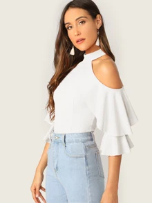 SHEIN 挖肩多層袖上衣 - 白色 - 查看 3